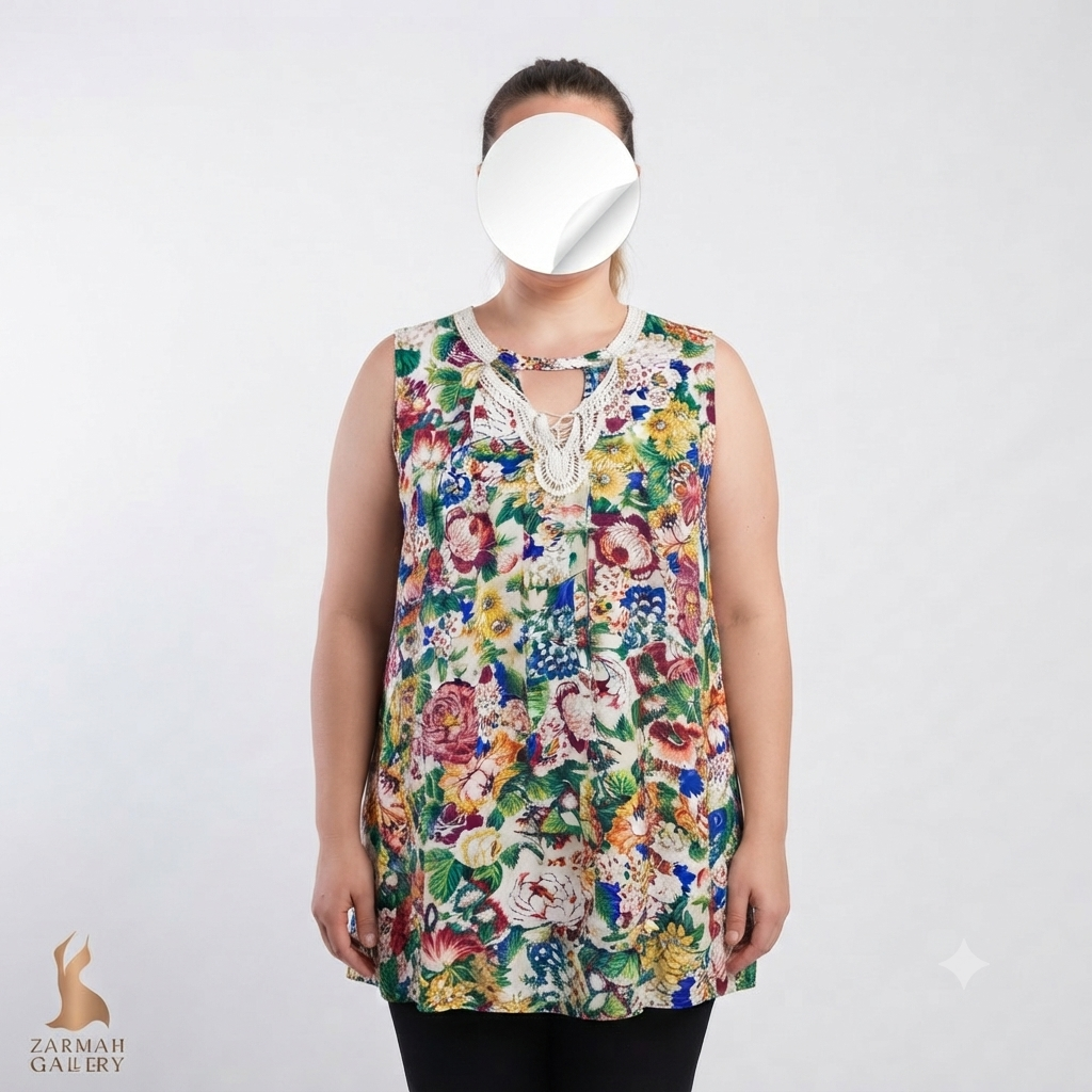 تاپ زنانه استوک برند Umgee با طرح گل‌های رنگارنگ و حاشیه توری سایز ۶۰.۶۲ مناسب استایل کژوال