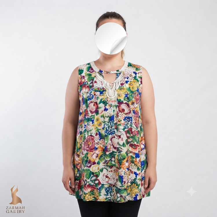 تاپ زنانه استوک برند Umgee با طرح گلهای رنگارنگ و حاشیه توری سایز ۶۰.۶۲ مناسب استایل کژوال