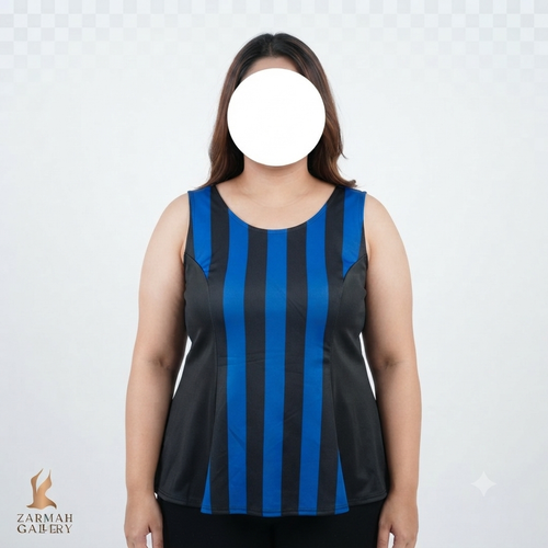 تاپ زنانه سایز بزرگ برند Free Kisses کد ۳۳۲۱ طرح راهراه آبی و مشکی استوک وارداتی مناسب استایل کژوال