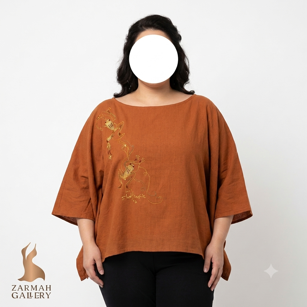 شومیز زنانه سایز بزرگ کد ۳۳۱۷ رنگ آجری با گلدوزی طرح حیوانات استوک وارداتی