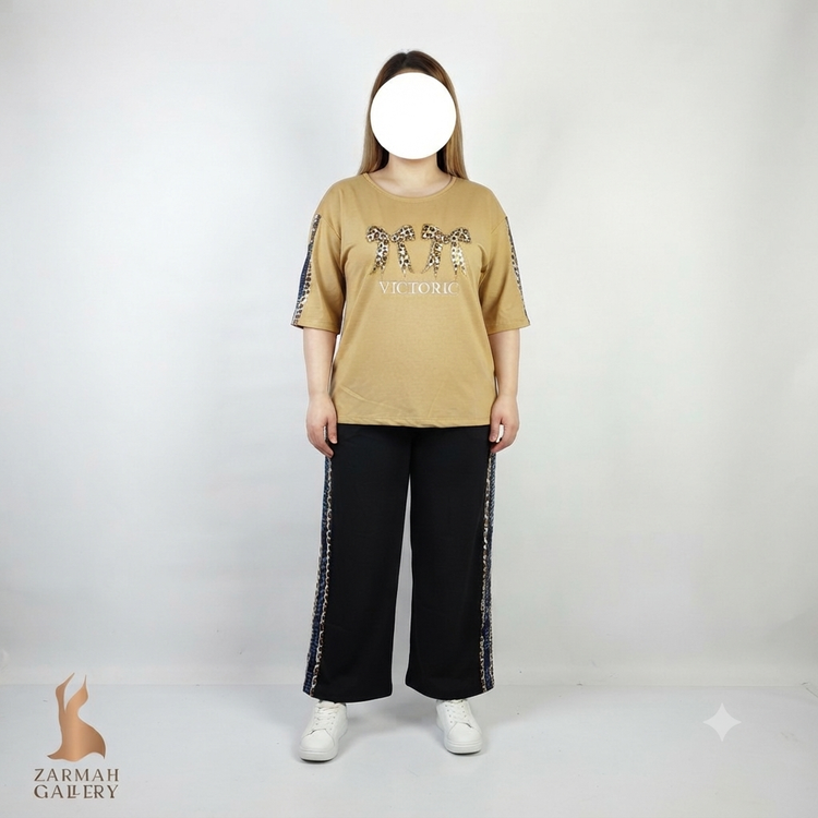 ست تیشرت و شلوار زنانه سایز بزرگ مدل پلنگی کد ۲ مناسب استایل راحتی و منزل
