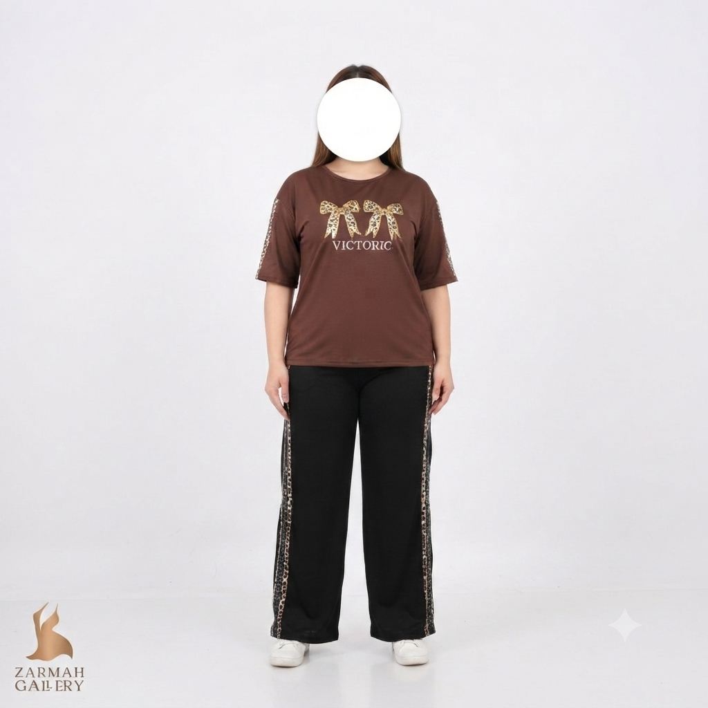 ست تی‌شرت و شلوار زنانه سایز بزرگ مدل پلنگی کد ۲ مناسب استایل راحتی و منزل