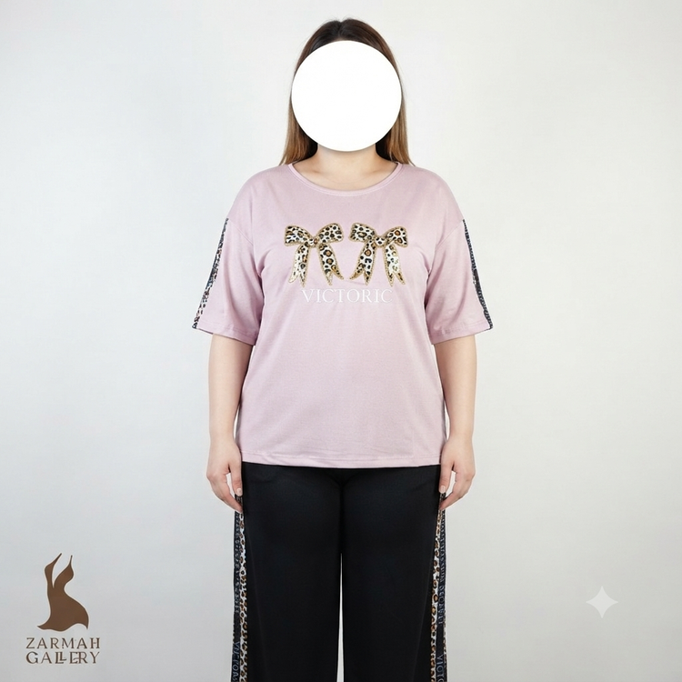 ست تیشرت و شلوار زنانه سایز بزرگ مدل پلنگی کد ۲ مناسب استایل راحتی و منزل