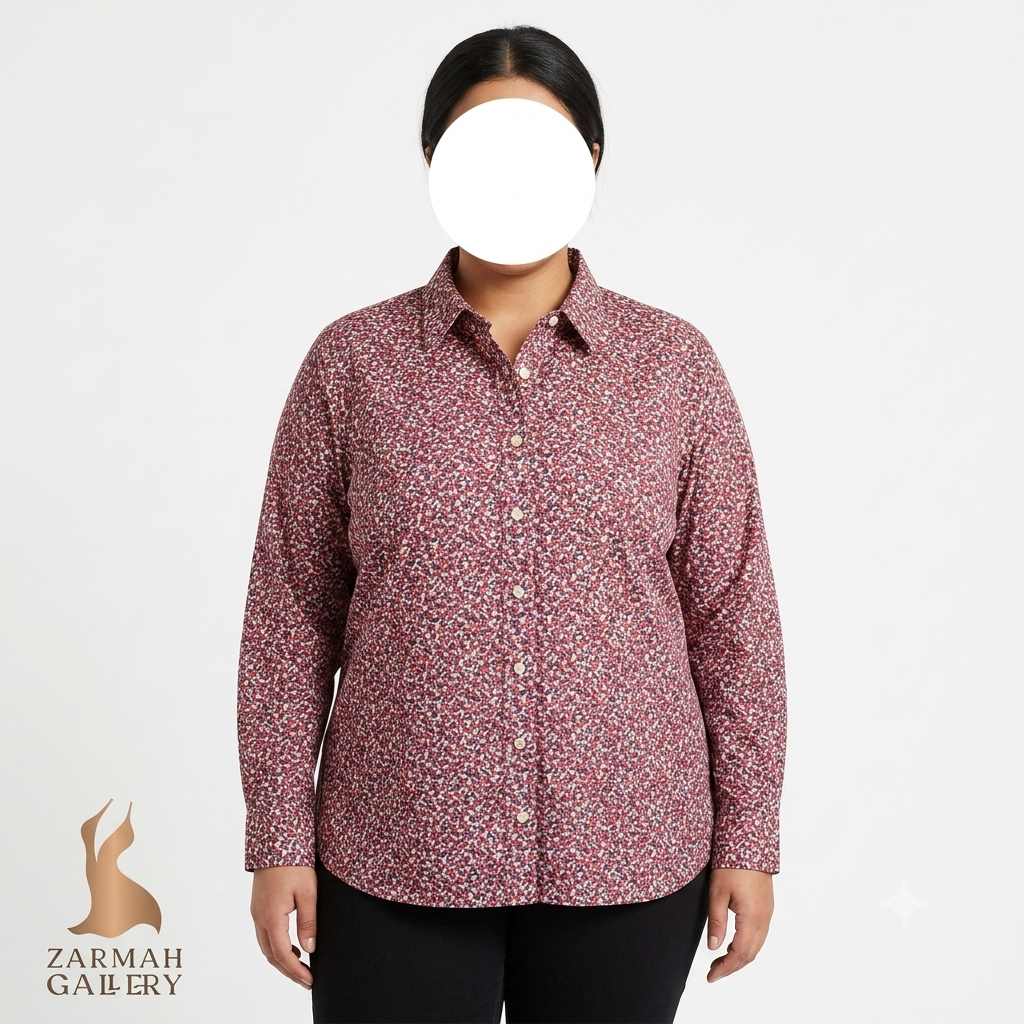 شومیز زنانه سایز بزرگ یقه دار برند Duluth Trading Co رنگ زرشکی و طرح دار کد ۳۳۱۰ مناسب استایل کژوال