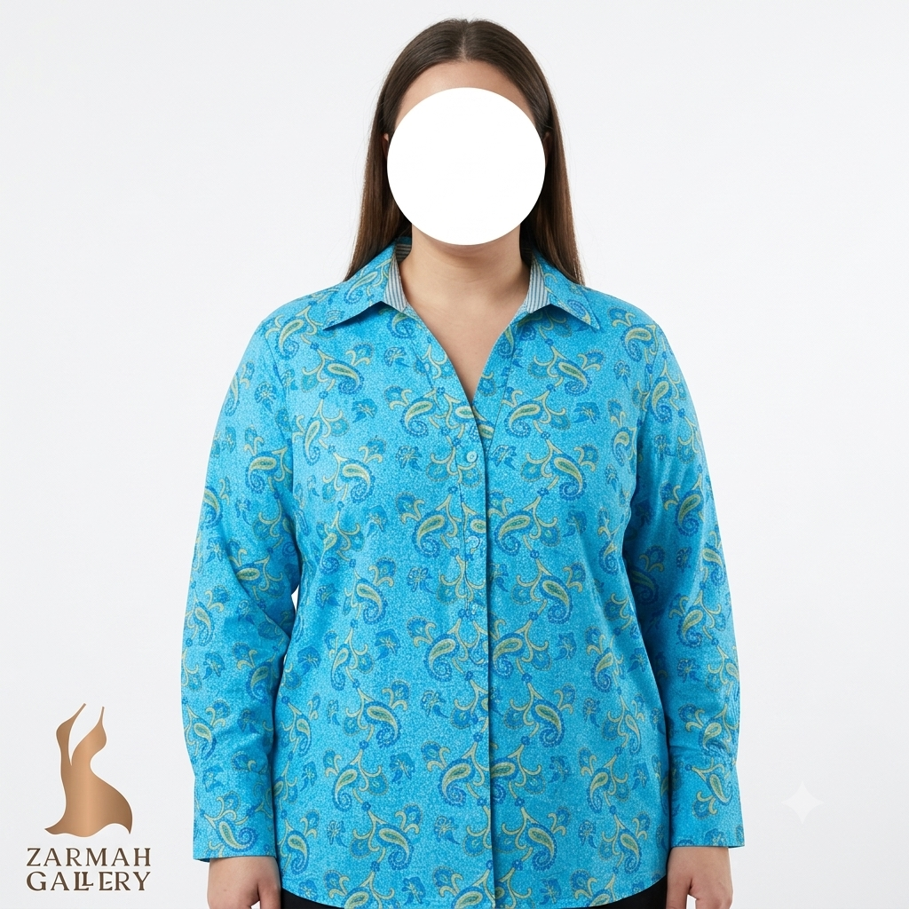 شومیز زنانه سایز بزرگ یقه دار رنگ آبی طرح‌دار کد ۳۳۰۸ استوک وارداتی مناسب استایل کژوال و رسمی