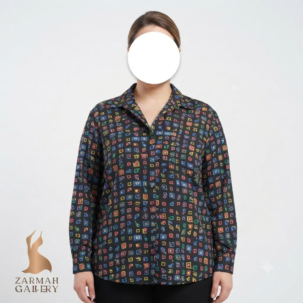 شومیز زنانه سایز بزرگ وارداتی استوک برند اسپریت با طرح هندسی رنگارنگ و زمینه مشکی
