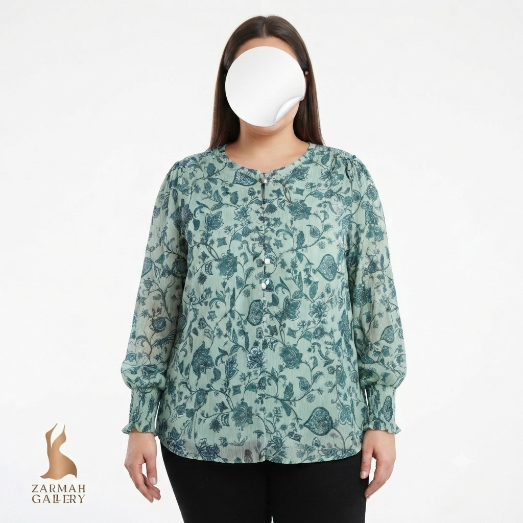 شومیز زنانه سایز بزرگ استوک وارداتی رنگ سبز طرح گلدار مناسب استایل مجلسی و کژوال زرماه گالری