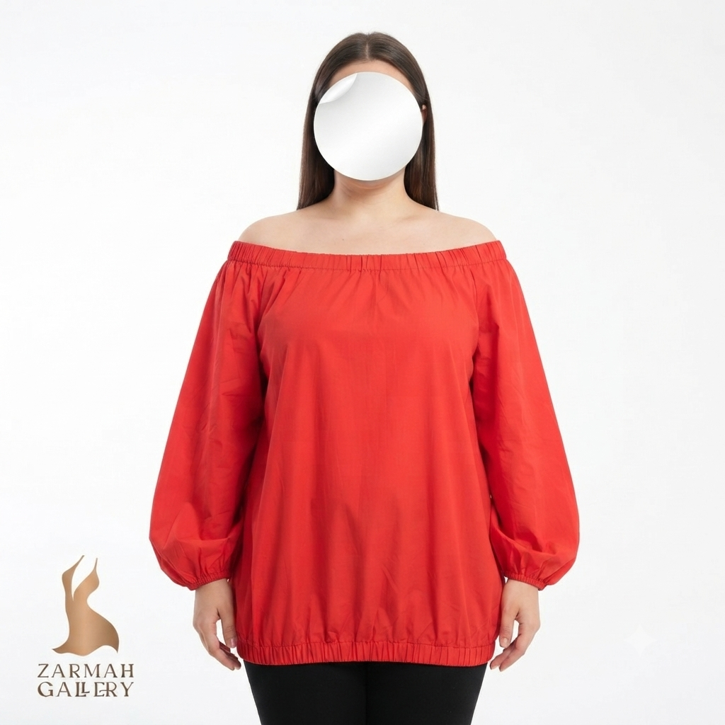 شومیز زنانه سایز بزرگ استوک وارداتی برند ران‌وی رنگ قرمز یقه قایقی مناسب استایل مجلسی فروشگاه زرماه گالری