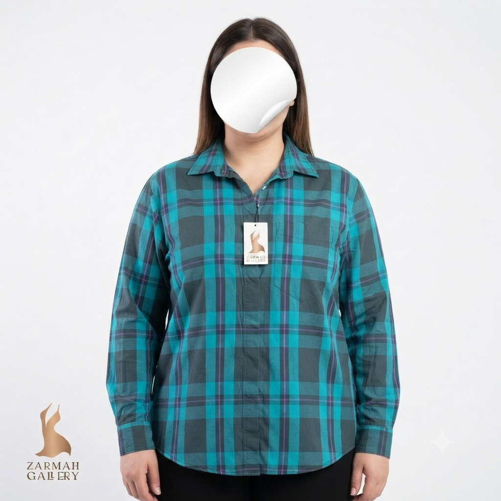 شومیز زنانه استوک وارداتی برند نورداستروم طرح چهارخانه سبز و آبی مناسب استایل روزمره فروشگاه زرماه گالری