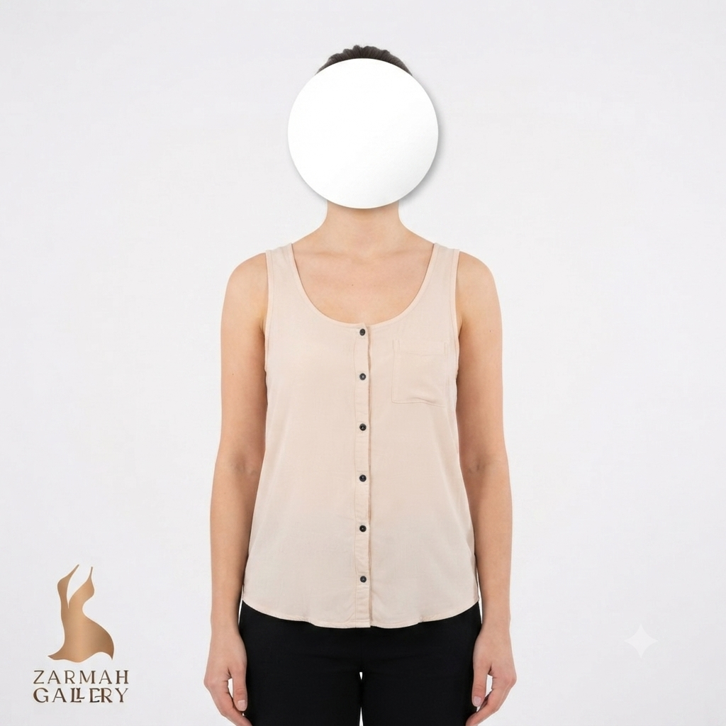 تاپ زنانه استوک وارداتی برند مود رنگ کرم روشن مناسب استایل کژوال تابستانه فروشگاه زرماه گالری