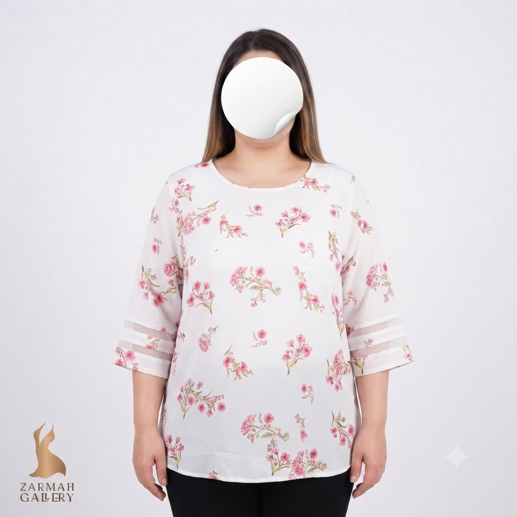 شومیز سایز بزرگ برند Tempted Hearts طرح گلدار رنگ سفید و صورتی با جزئیات توری روی آستین مناسب استایل مجلسی