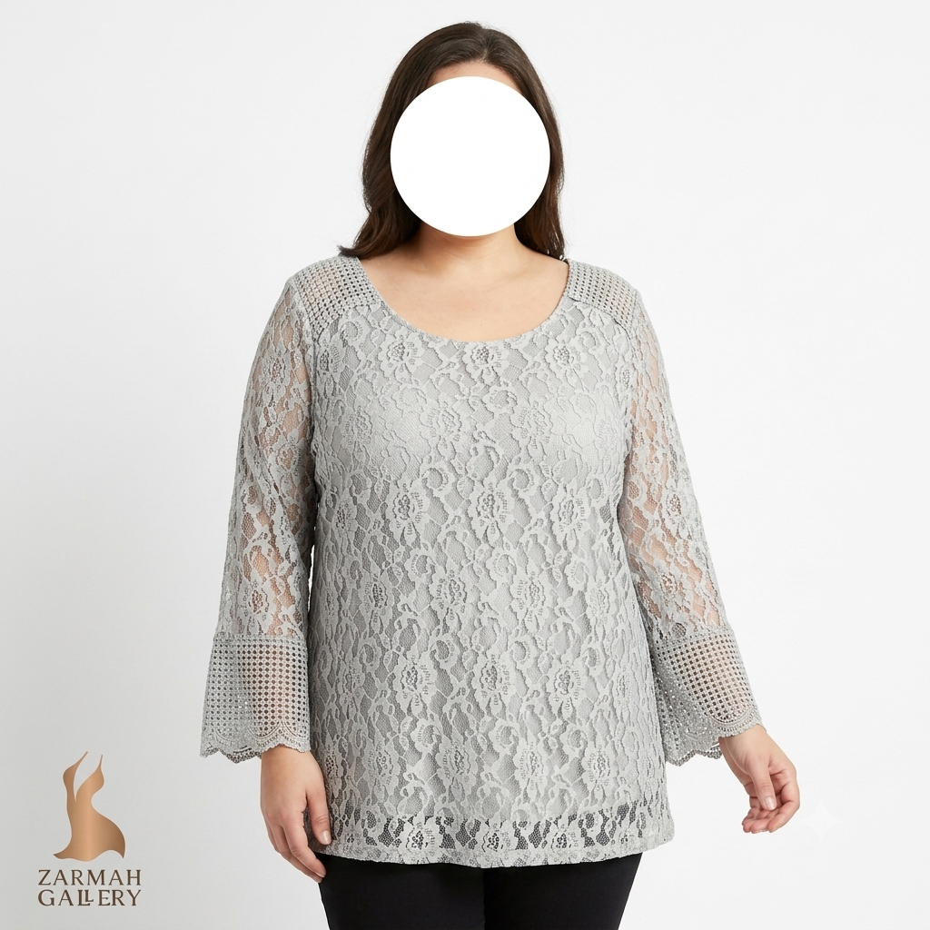 شومیز زنانه سایز بزرگ برند Style & Co با طراحی دانتلدوزی رنگ طوسی مناسب استایل مجلسی و مهمانی