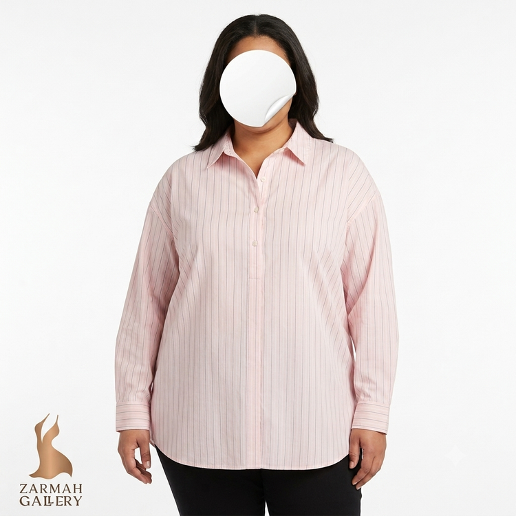 شومیز زنانه سایز بزرگ برند Croft & Barrow طرح راهراه صورتی و سفید مناسب استایل کژوال و روزمره