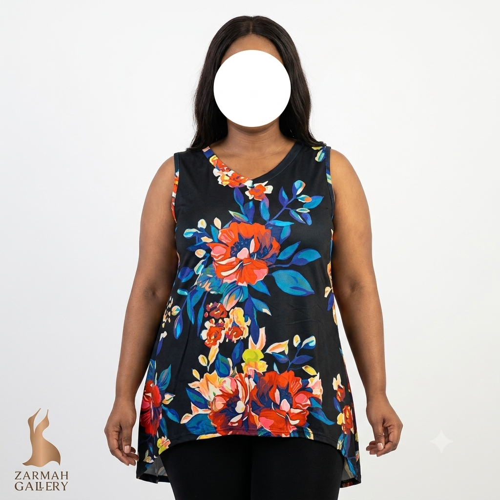 تاپ زنانه بدون آستین طرح گلدار رنگی زمینه مشکی مناسب استایل تابستانه و روزمره
