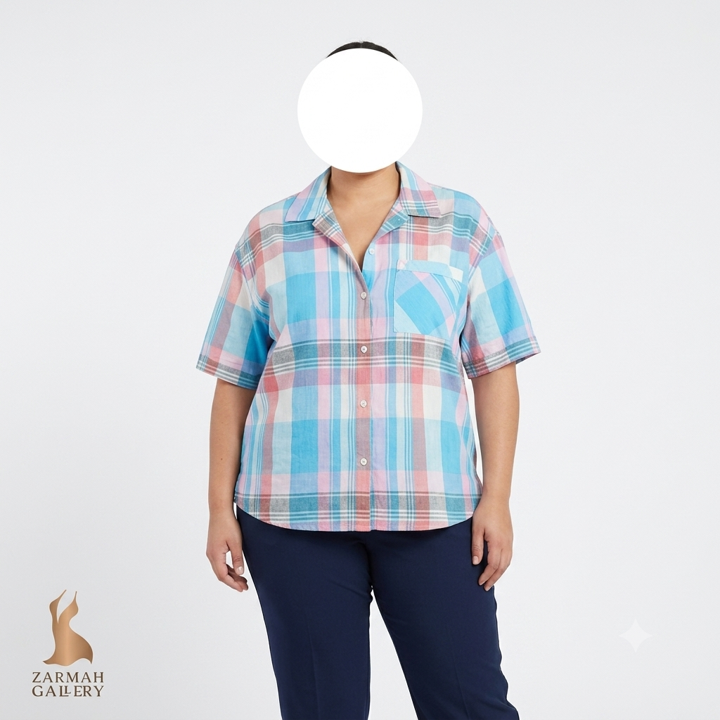 شومیز زنانه سایزبزرگ برند Collective Concepts طرح چهارخانه رنگی مناسب استایل کژوال