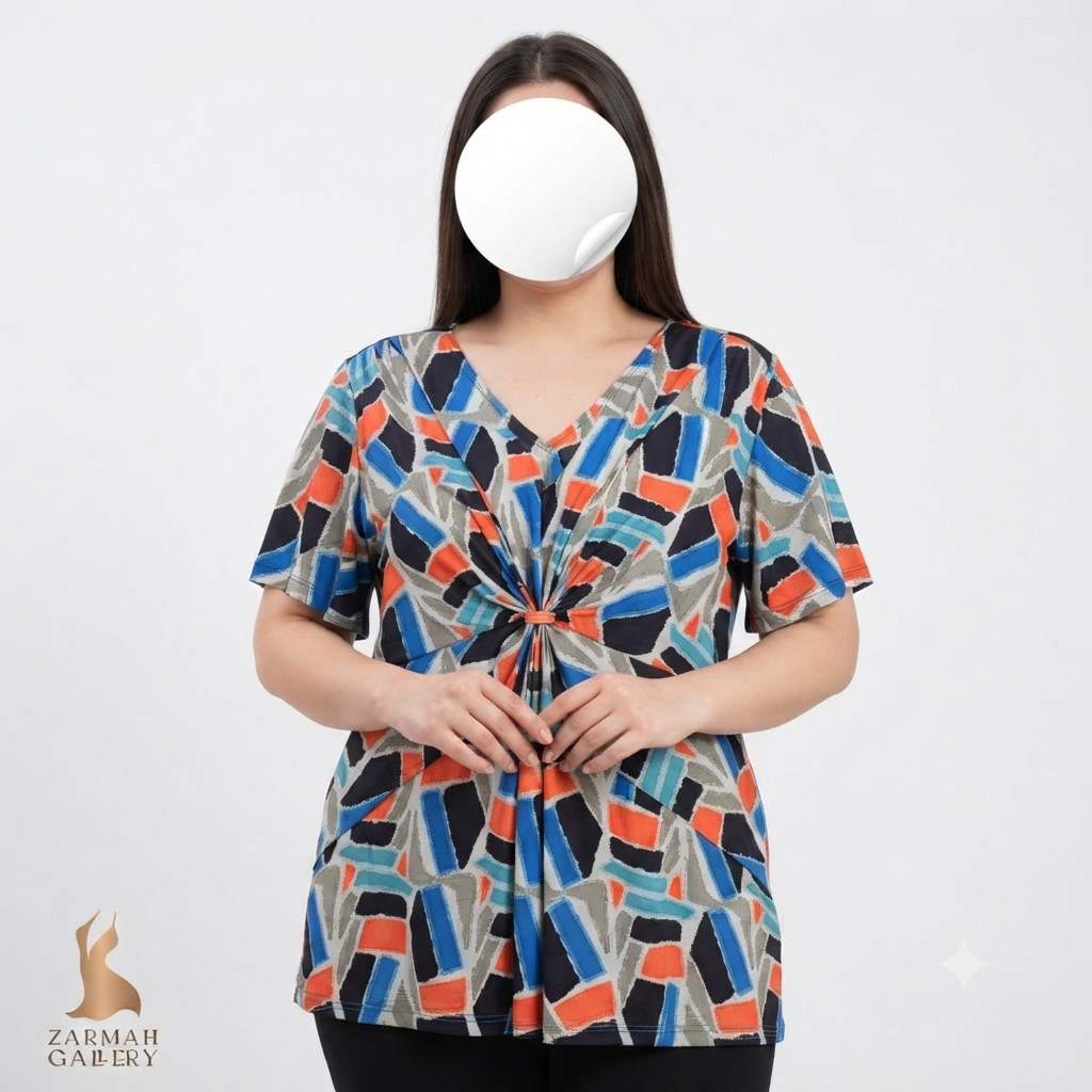 شومیز زنانه سایز بزرگ استوک وارداتی طرحدار با یقه هفت و مدل گرهای در جلو، رنگبندی آبی و نارنجی