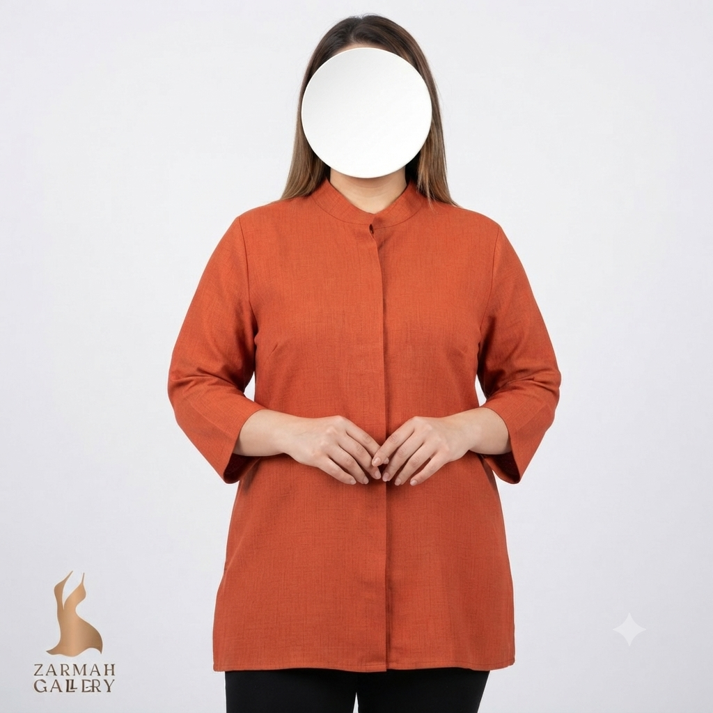 شومیز زنانه سایز بزرگ استوک وارداتی به رنگ آجری، یقه دیپلمات، آستین سه ربع، مناسب استایل رسمی و روزمره