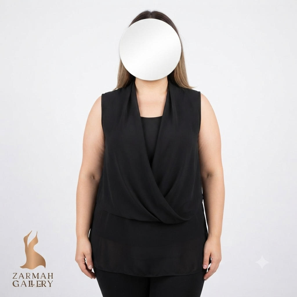 تاپ زنانه سایز بزرگ استوک وارداتی برند وینس کاموتو رنگ مشکی با یقه دراپه مجلسی مناسب استایل شیک و رسمی
