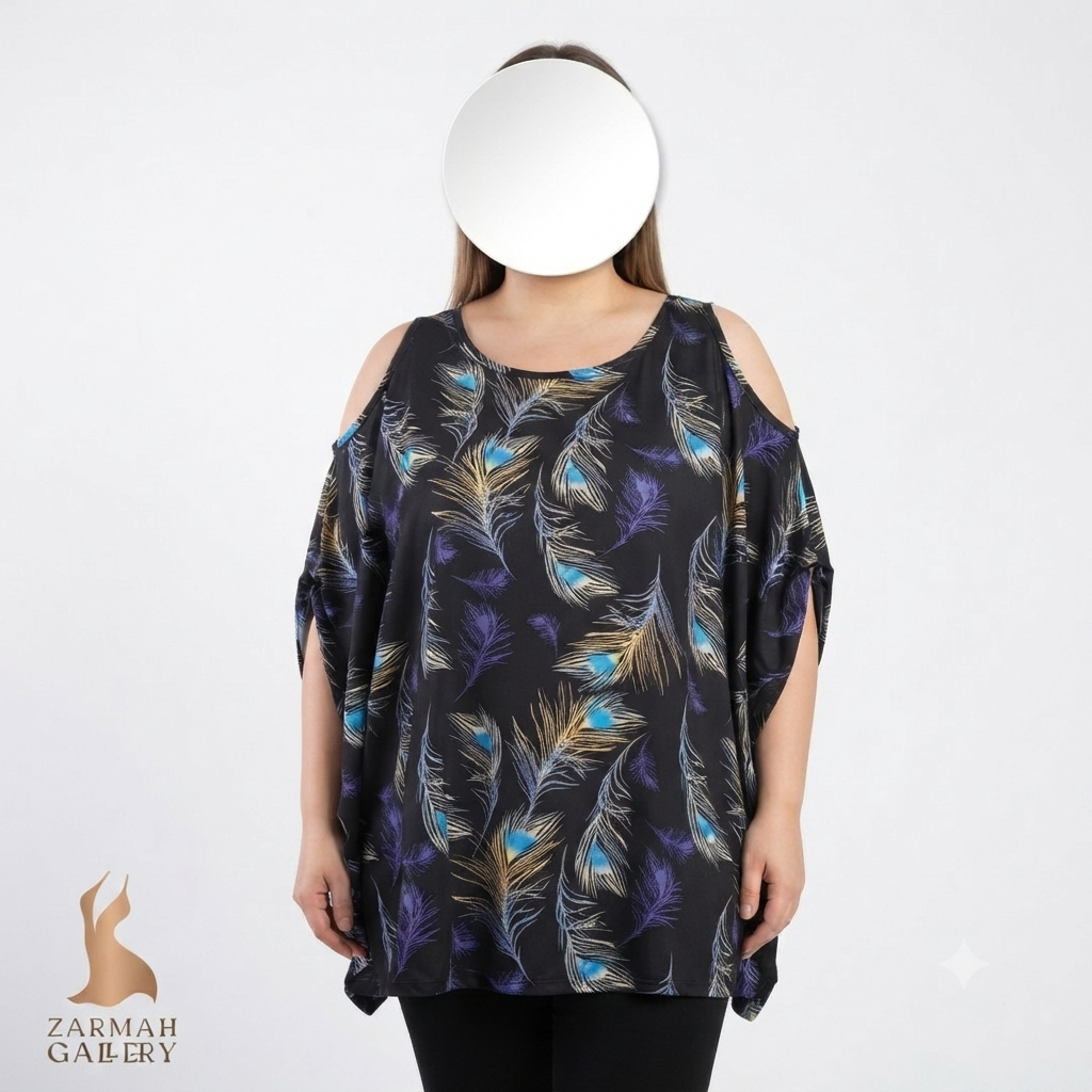 تاپ زنانه سایز بزرگ استوک وارداتی طرح پر طاووسی رنگ مشکی، مدل سرشانه باز (Cold Shoulder)، خنک و شیک