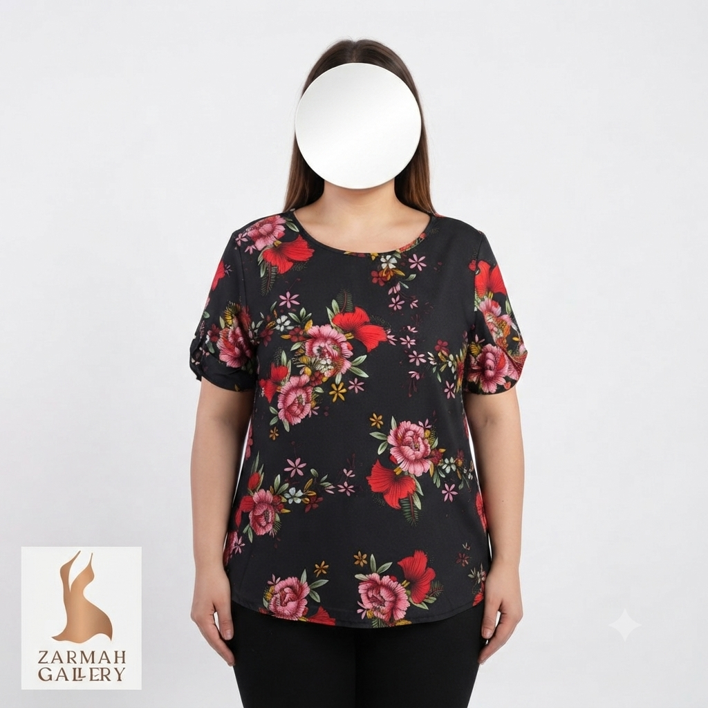 شومیز زنانه استوک وارداتی با زمینه مشکی و طرح گل‌های قرمز و صورتی، آستین کوتاه گره‌ای، مناسب استایل کژوال و روزمره