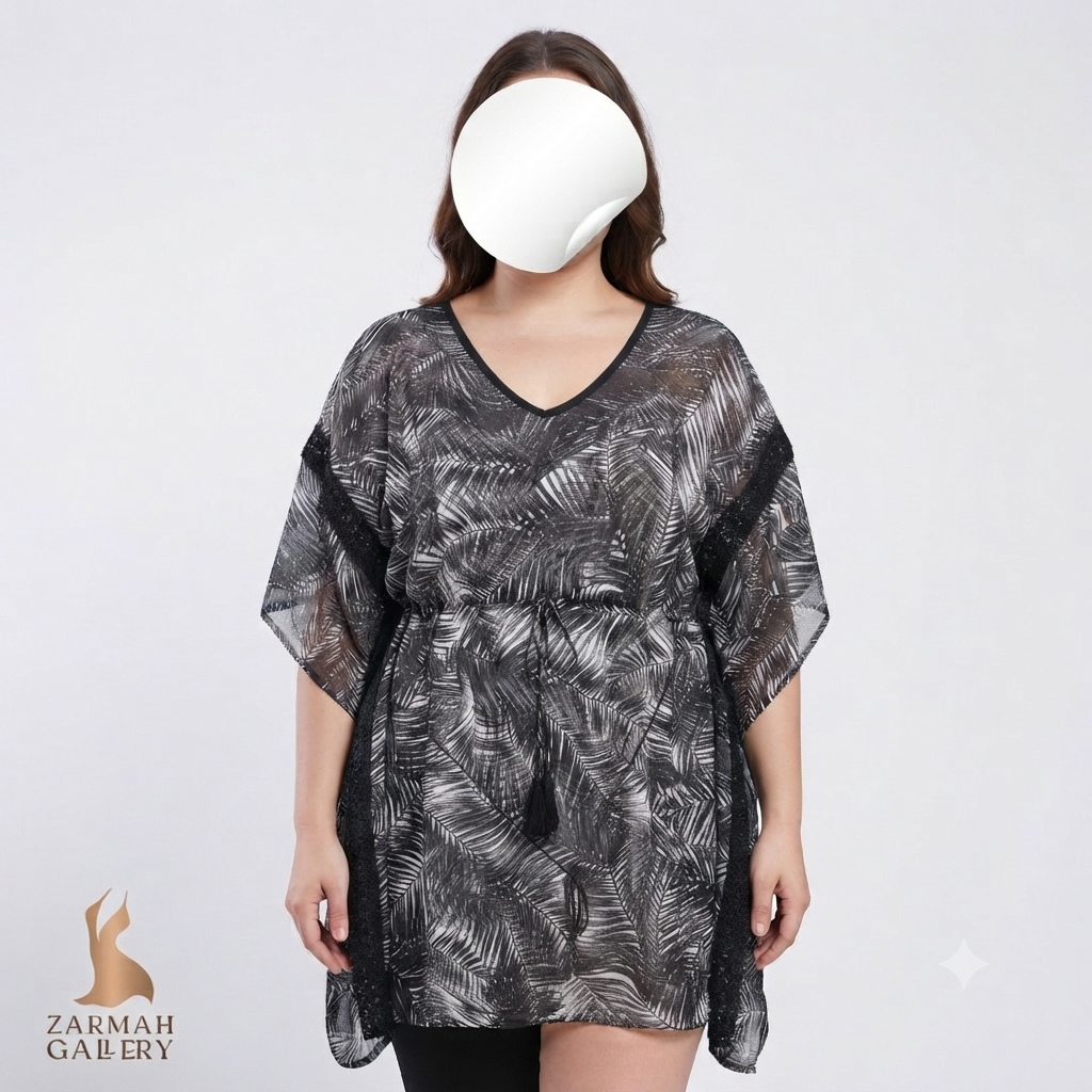 شومیز زنانه سایز بزرگ، طرح‌دار (برگی)، مدل آزاد و خنک با بند تنظیم کمر، مناسب استایل تابستانی و ساحلی