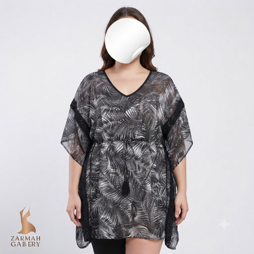 شومیز زنانه سایز بزرگ، طرحدار (برگی)، مدل آزاد و خنک با بند تنظیم کمر، مناسب استایل تابستانی و ساحلی
