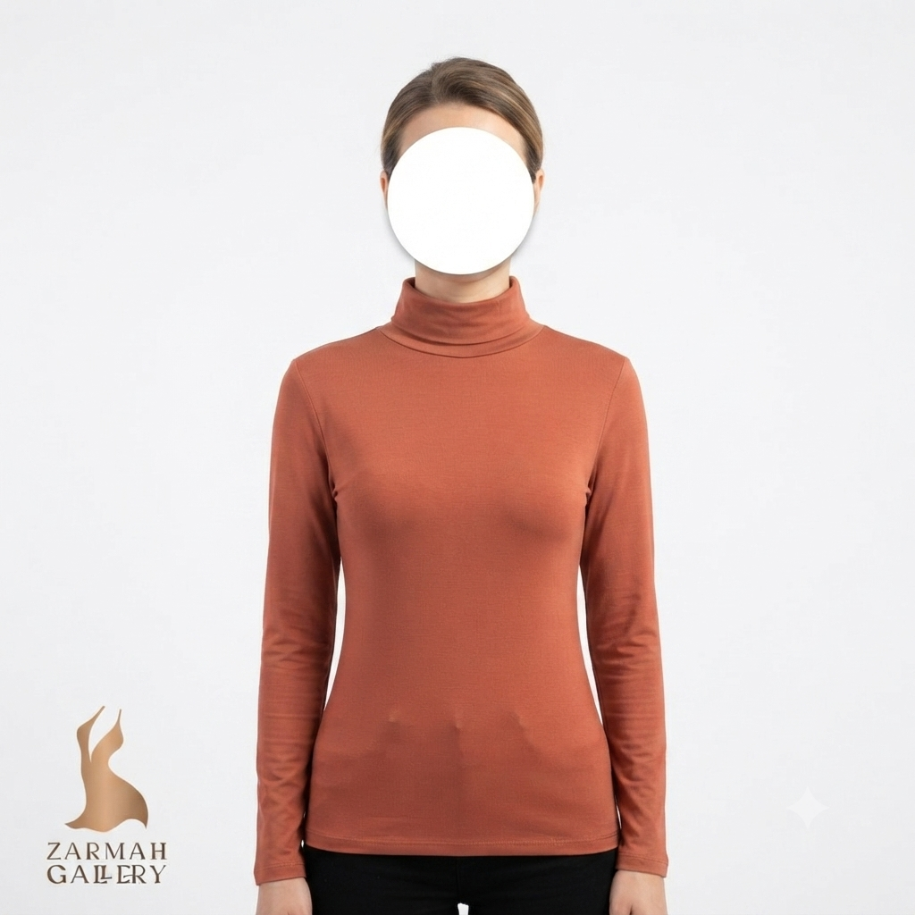 بلوز زنانه یقه اسکی رنگ آجری، آستین بلند و خوش‌دوخت، دارای ایراد جزئی (زدگی بسیار کوچک)، مناسب استایل کژوال