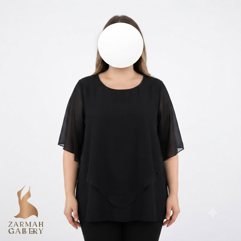 شومیز زنانه سایز بزرگ برند Lotusmile، رنگ مشکی مجلسی، آستین‌ کلوش، دارای ایراد جزئی در یقه، مناسب استایل شیک و رسمی