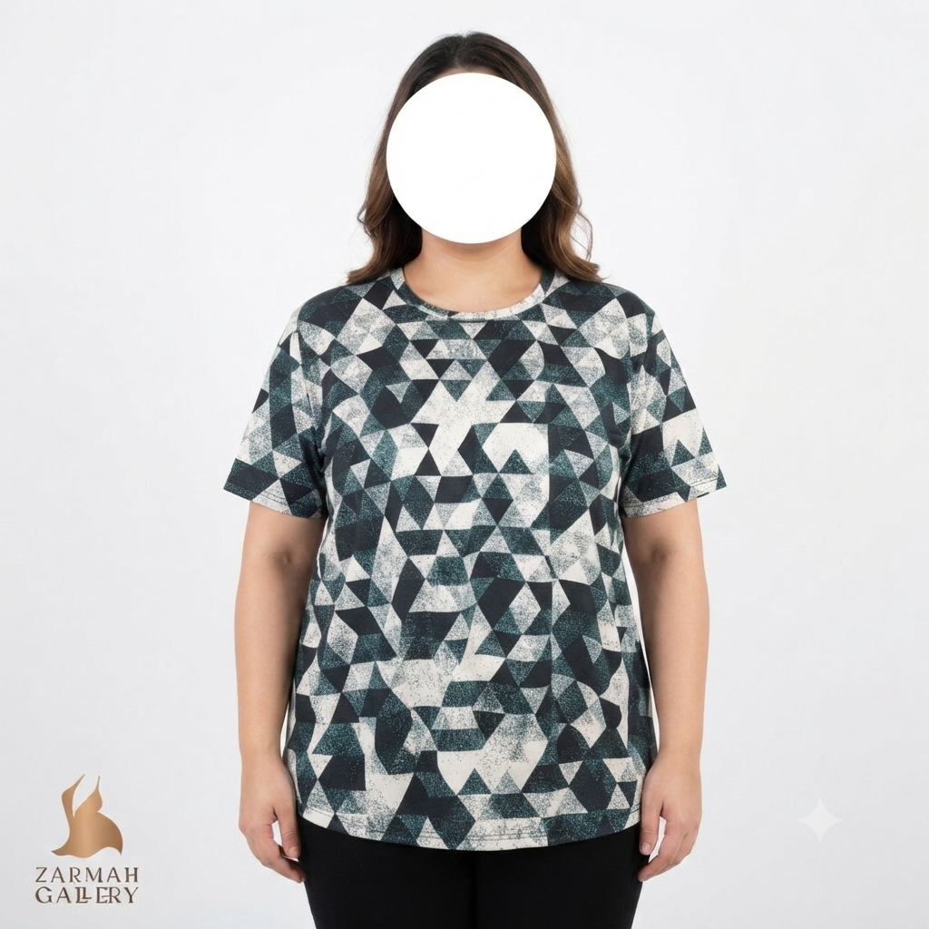 تیشرت زنانه سایز بزرگ برند لولاروئه (LuLaRoe) با طرح هندسی مشکی و سفید، یقه گرد، مناسب استایل کژوال