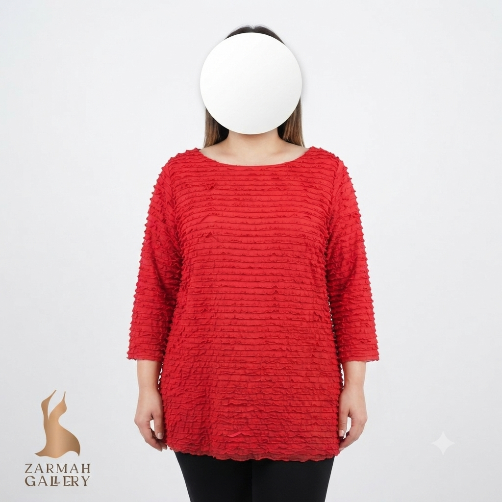 شومیز زنانه سایز بزرگ برند Coldwater Creek، رنگ سرخابی، دارای بافت چیندار خاص و مجلسی، مناسب استایل رسمی و شیک