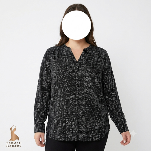 شومیز زنانه سایز بزرگ برند لوفت، رنگ مشکی با طرح خالدار سفید، یقه هفت، مناسب استایل رسمی و کژوال