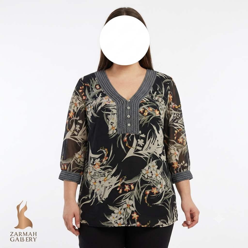 شومیز زنانه استوک وارداتی برند دنیل رین، مشکی با طرح گل‌دار، یقه هفت دکمه‌دار، مناسب استایل مجلسی