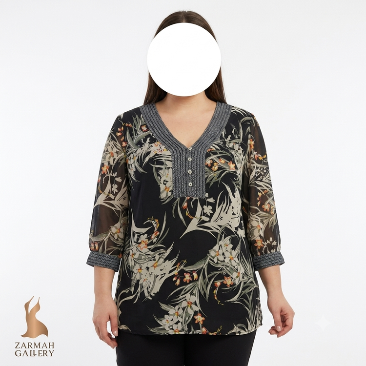 شومیز زنانه استوک وارداتی برند دنیل رین، مشکی با طرح گلدار، یقه هفت دکمهدار، مناسب استایل مجلسی