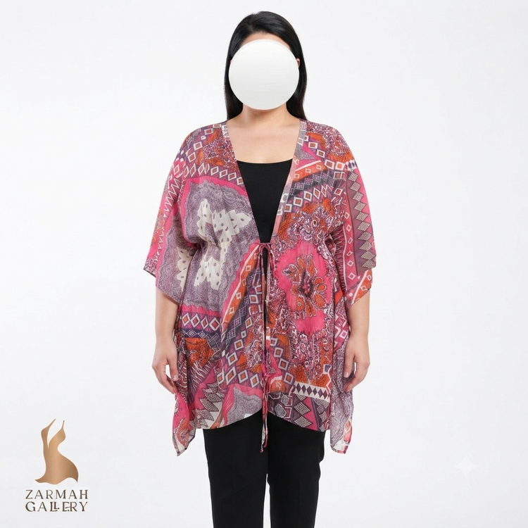 شومیز رویه زنانه سایز بزرگ برند مگی بارنز، طرح سنتی اسلیمی با رنگهای گرم، مناسب استایل تابستانی و مجلسی