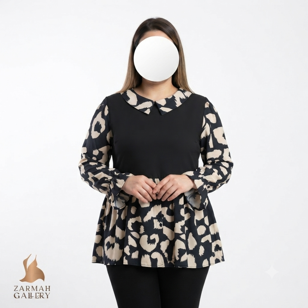 شومیز زنانه استوک وارداتی طرح پلنگی رنگ مشکی و کرم سایز ۴۶.۴۸ مناسب استایل مجلسی و روزمره