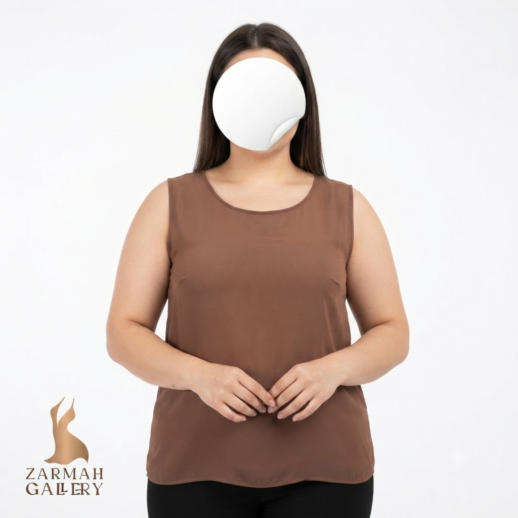 تاپ سایز بزرگ زنانه استوک وارداتی رنگ قهوه‌ای شکلاتی یقه گرد ساده مناسب استایل روزمره و تابستانی