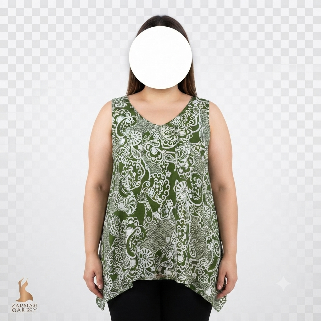 تاپ سایز بزرگ زنانه استوک وارداتی طرح سنتی رنگ سبز و سفید یقه گرد مناسب استایل خنک تابستانی