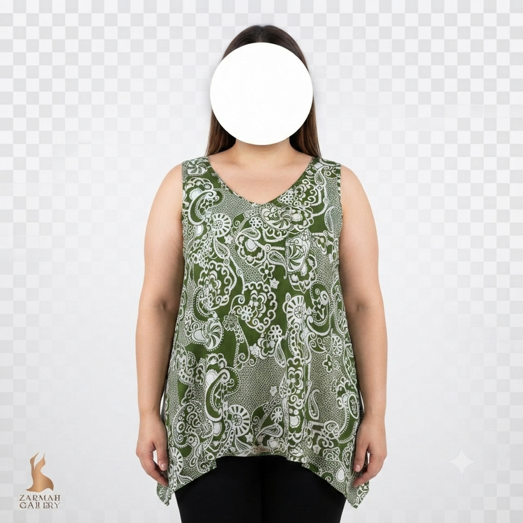 تاپ سایز بزرگ زنانه استوک وارداتی طرح سنتی رنگ سبز و سفید یقه گرد مناسب استایل خنک تابستانی