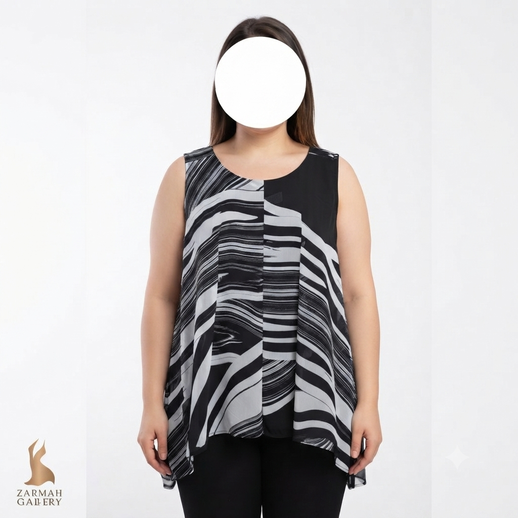 تاپ سایز بزرگ زنانه استوک وارداتی برند روز اند علی رنگ مشکی و سفید طرح دار یقه گرد مناسب استایل تابستانی