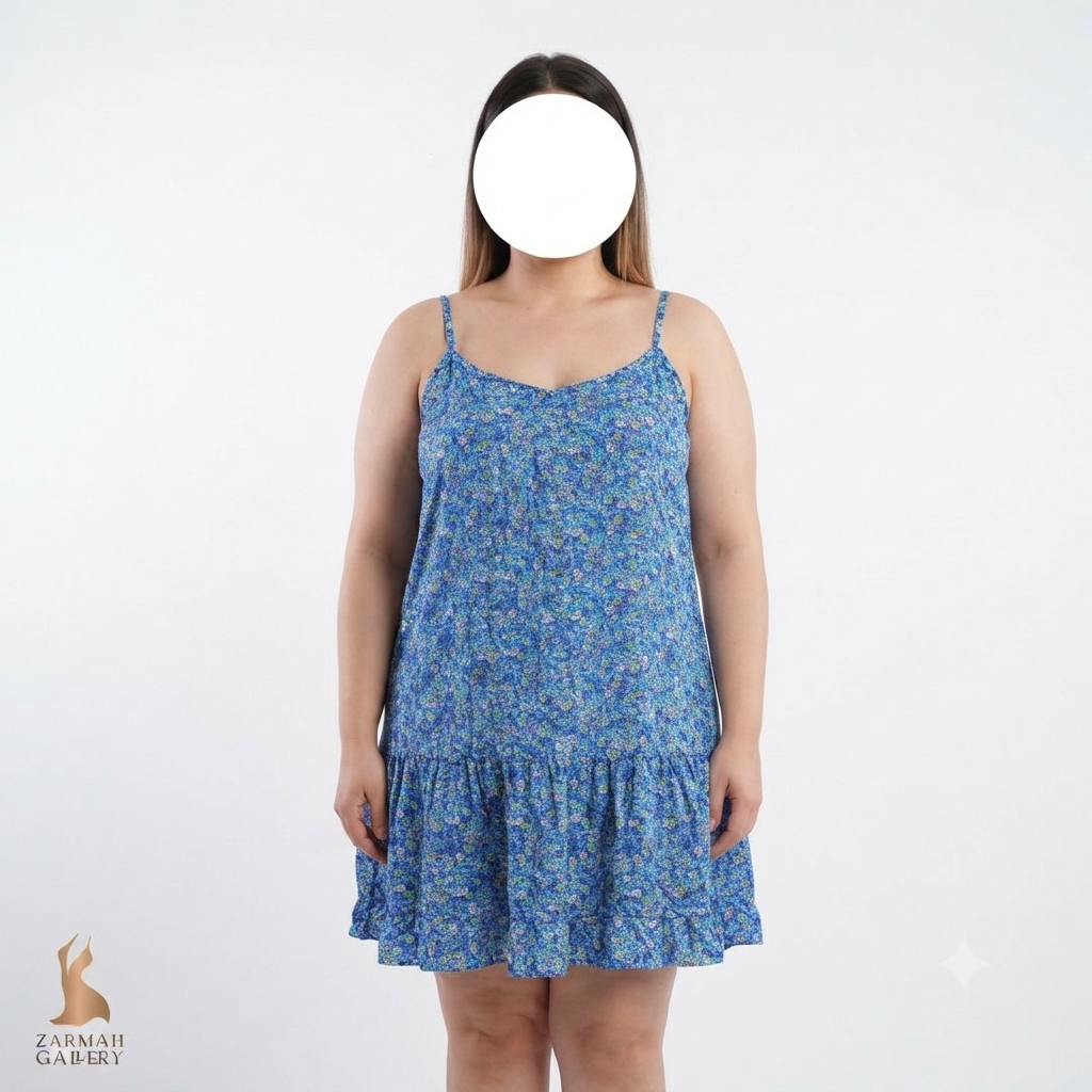 پیراهن زنانه استوک وارداتی برند یونیورسال ترد رنگ آبی طرح گل‌دار بندی مناسب استایل تابستانی