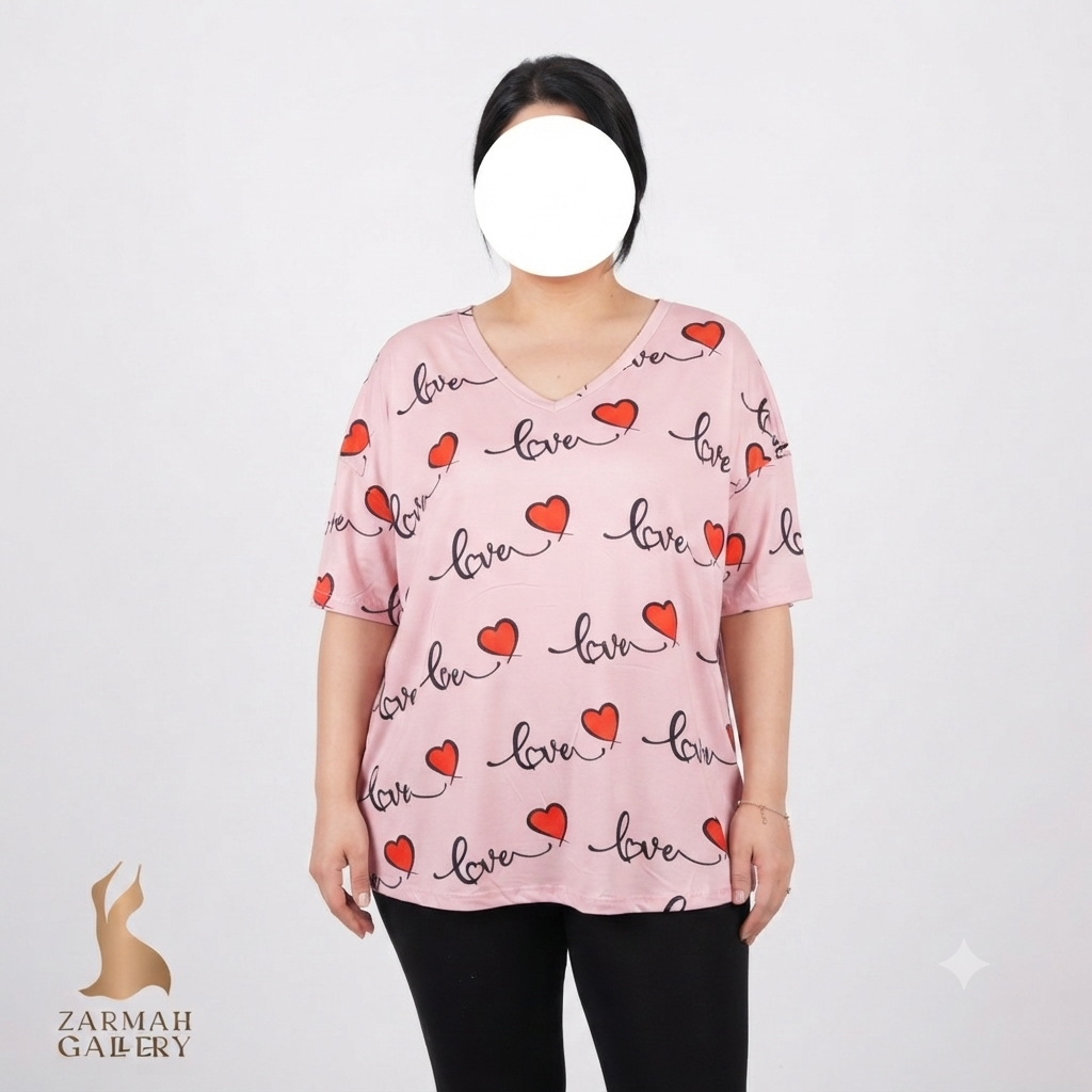 تیشرت زنانه سایز بزرگ استوک وارداتی برند چیکمی طرح قلب و نوشته رنگ صورتی سایز ۵۰ و ۵۲ مناسب استایل روزمره و تابستانی