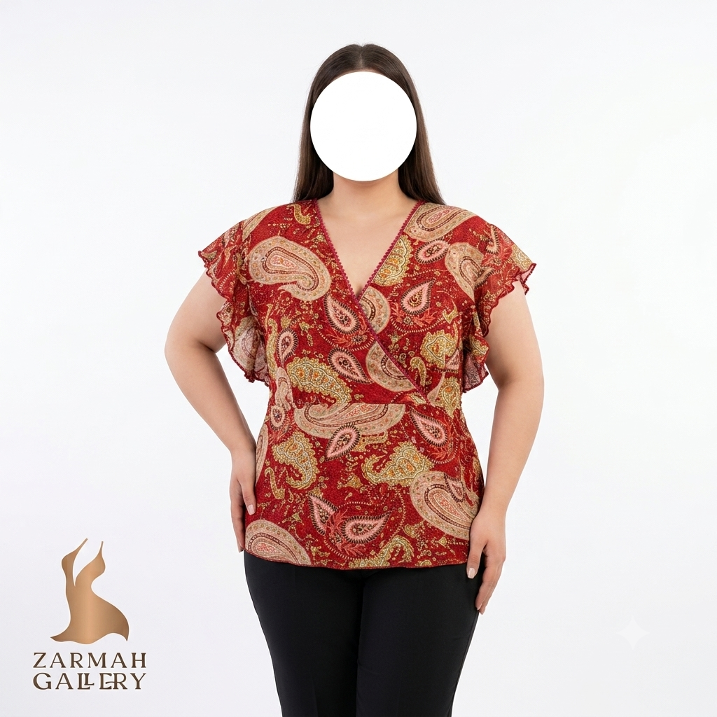 شومیز زنانه سایز بزرگ استوک وارداتی برند سلف استیم طرح سنتی رنگ قرمز مناسب استایل روزمره و تابستانه