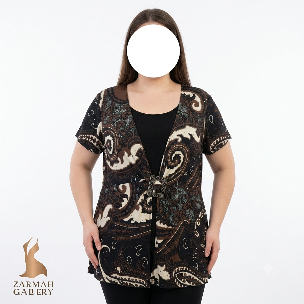 شومیز زنانه سایز بزرگ طرح‌دار استوک وارداتی برند بریتانی بلک رنگ قهوه‌ای و مشکی مناسب استایل مهمانی
