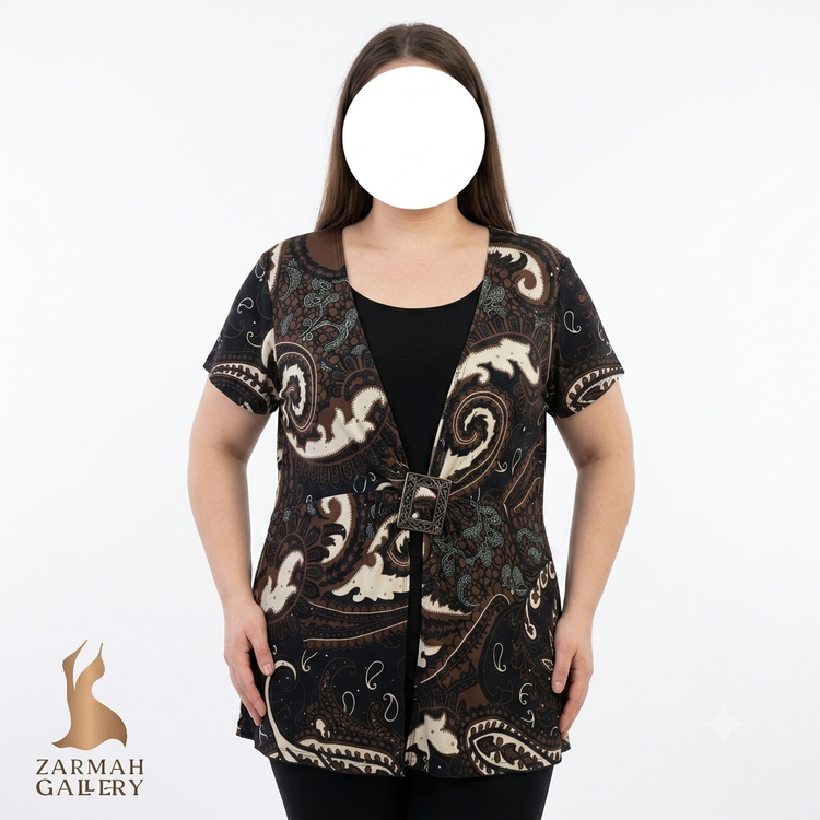 شومیز زنانه سایز بزرگ طرحدار استوک وارداتی برند بریتانی بلک رنگ قهوهای و مشکی مناسب استایل مهمانی