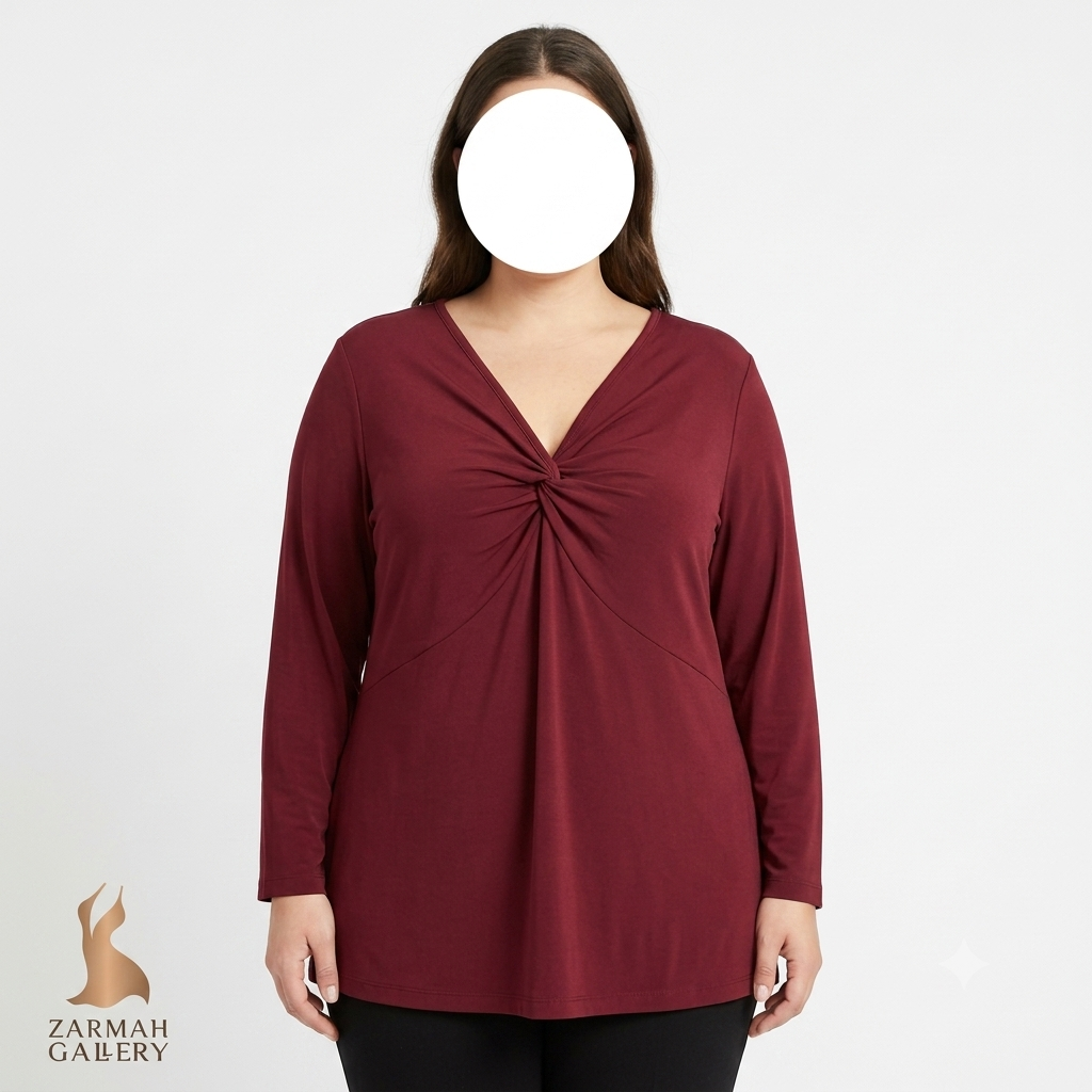 شومیز زنانه سایز بزرگ استوک وارداتی برند جکلین اسمیت رنگ سرخابی تیره با طراحی یقه گره‌دار مناسب استایل مهمانی