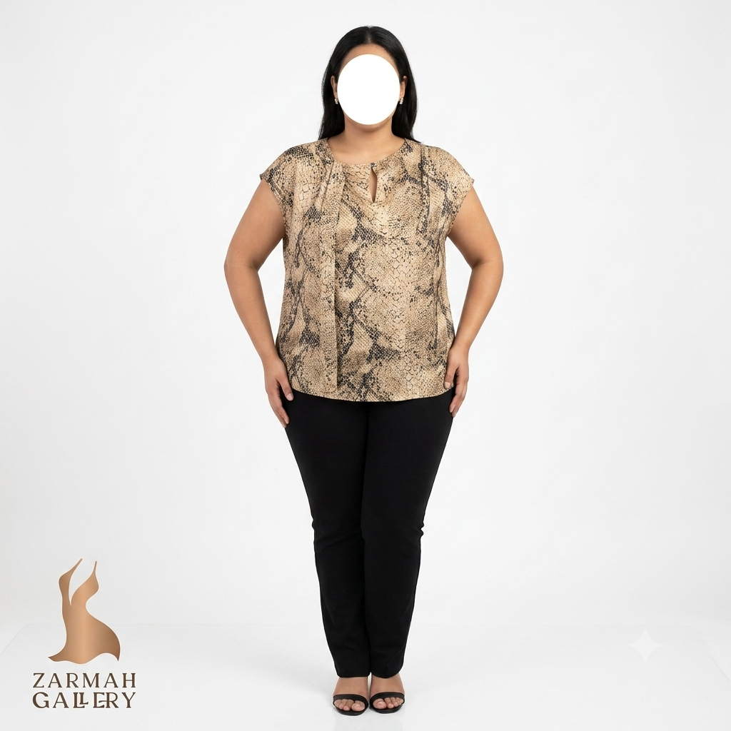 تاپ زنانه سایز بزرگ استوک وارداتی برند ورزینگتون طرح پوست ماری رنگ کرم و مشکی مناسب استایل مهمانی