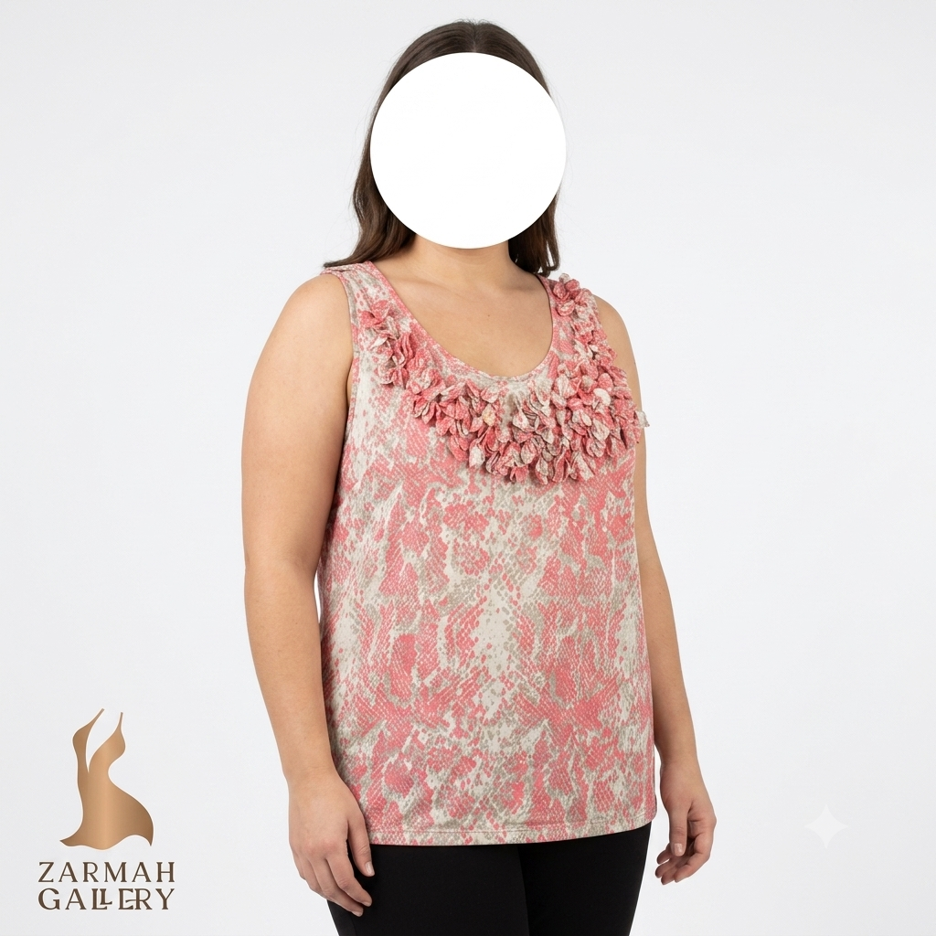 تاپ زنانه سایز بزرگ استوک وارداتی برند آی ان سی طرح دار رنگ صورتی و سفید مناسب استایل مهمانی