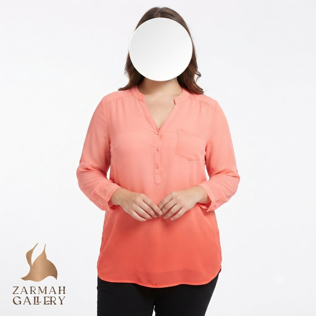شومیز زنانه سایز بزرگ استوک وارداتی برند تراترس ان‌ویسی رنگ هلویی مناسب استایل مهمانی و روزمره
