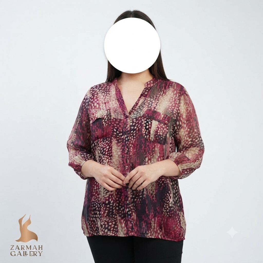 شومیز زنانه سایز بزرگ استوک وارداتی برند روز اند علی طرحدار رنگ سرخابی و مشکی مناسب استایل مهمانی و روزمره