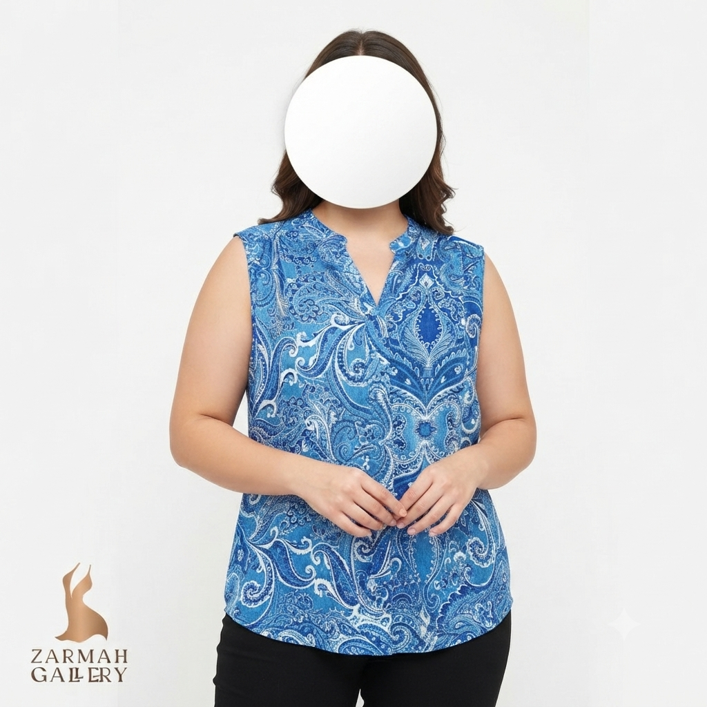 تاپ زنانه سایز بزرگ استوک وارداتی برند پک اند پک طرحدار رنگ آبی و سفید مناسب استایل تابستانی و روزمره